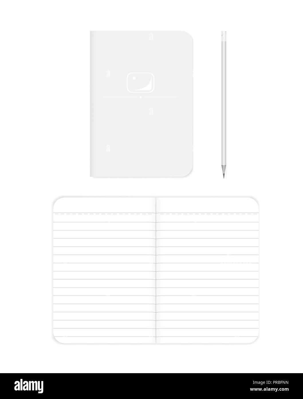 Lined softcover notebook: spread and front cover, realistic vector mockup. B7 size notepad with pencil, mock up. Paperback note book, template Stock Vector
