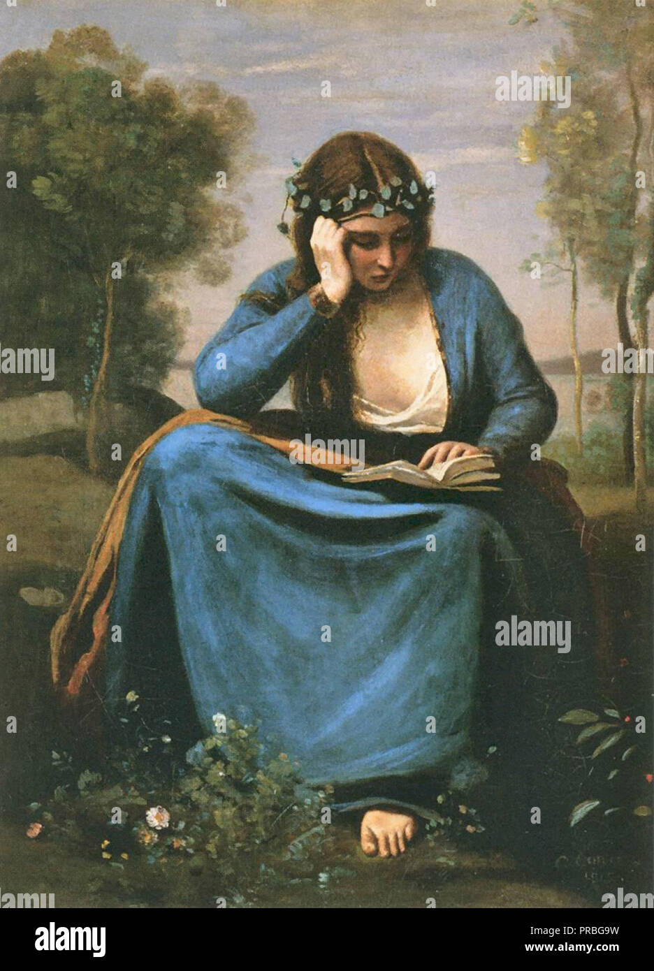 Corot  Jean Baptiste Camille - the Reader Wreathed with Flowers (Virgil's Muse) Stock Photo