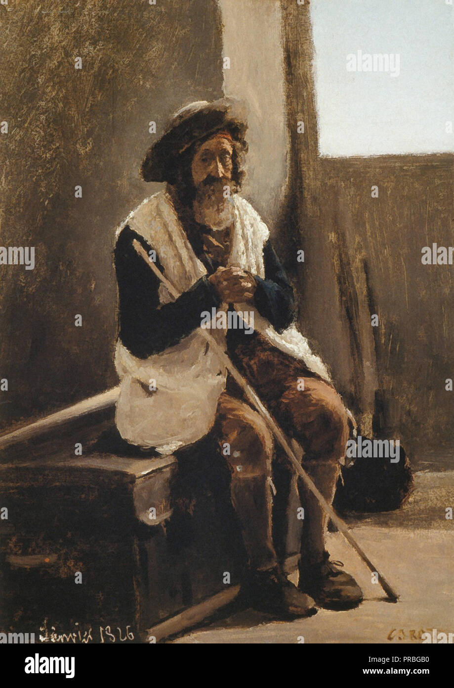 Corot  Jean Baptiste Camille - Vieillard Assis Sur Une Malle Appartenant a Corot Stock Photo