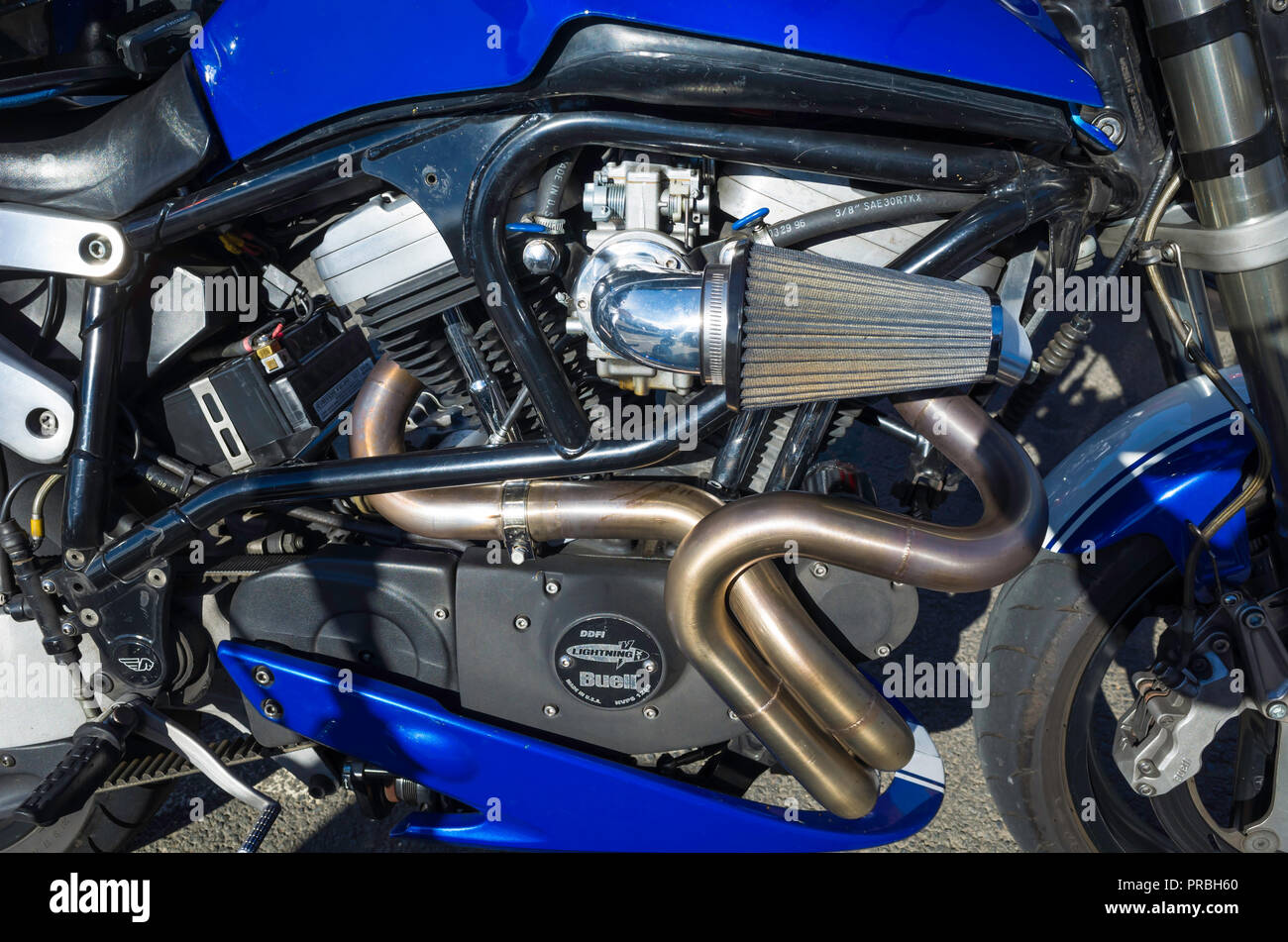 Close up of the engine of a 1999 Buell X1 Lightning American Motor Cycle Stock Photo