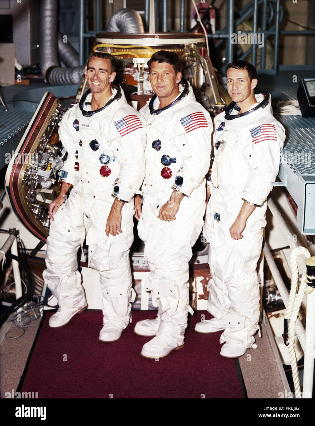 Pictured left to right, in the Apollo 7 Crew Portrait, are astronauts R. Walter Cunningham, Lunar Module pilot; Walter M. Schirra, Jr., commander; and Donn F. Eisele, Command Module Pilot. Stock Photo
