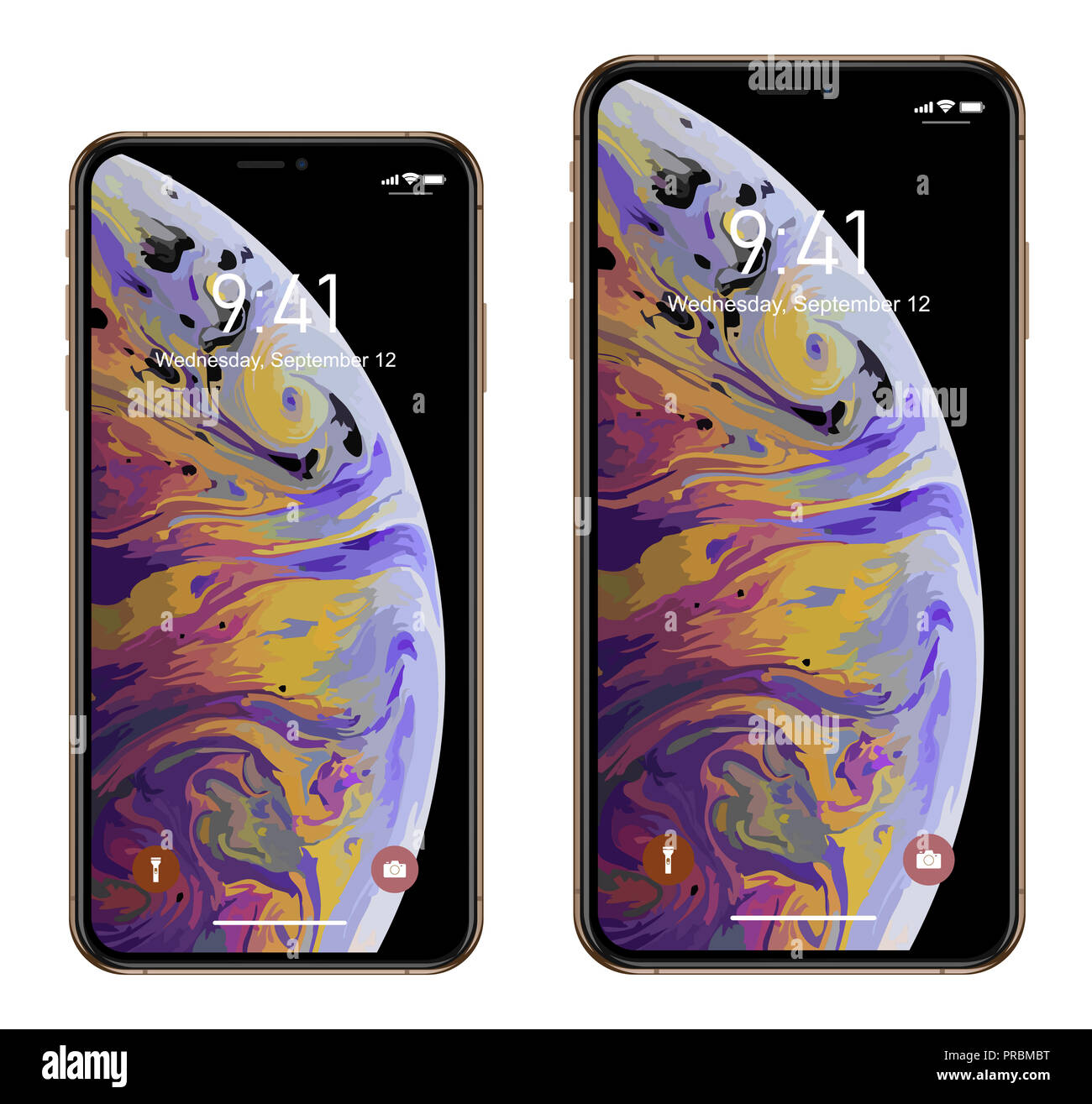 Brand new realistic mobile phone smartphone in Apple iPhone XS, XS Max gold Stock Photo