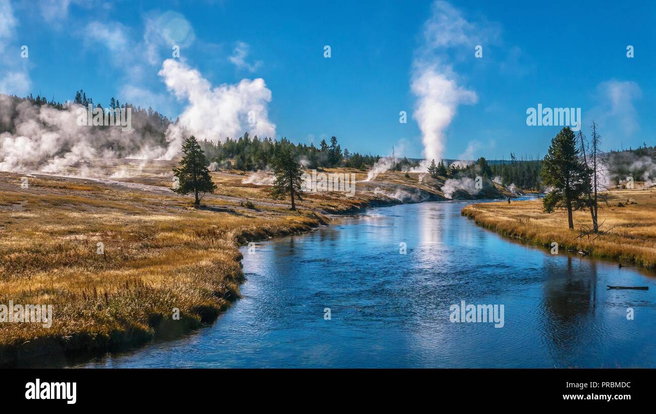View of the Firehole River flowing through Yellowstone's Upper Geyser Basin, part of the most active geyser field in the world. Old Faithful can be se Stock Photo