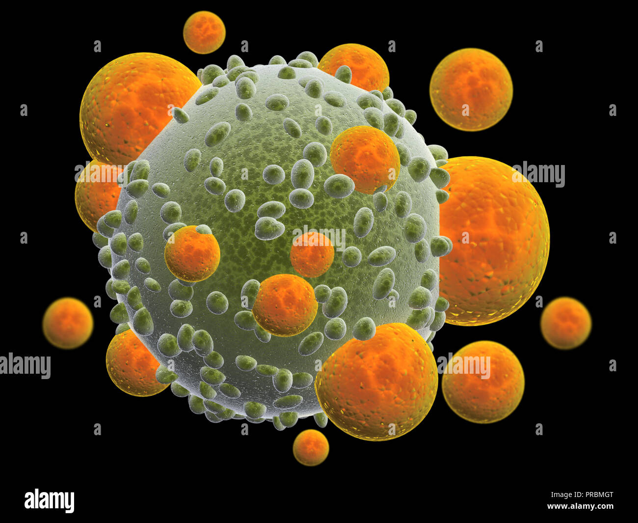 T-cells attacking a cancer cell. Isolated on black background. 3d render Stock Photo