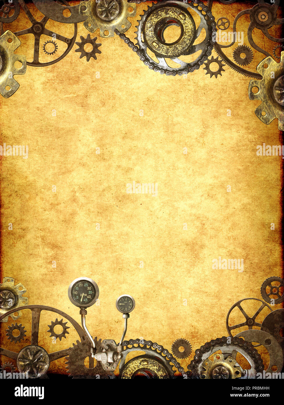 grunge background with paper texture and metallic frame with vintage