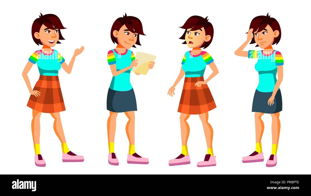 Asian Teen Girl Poses Set Vector. Active, Expression. For Presentation ...