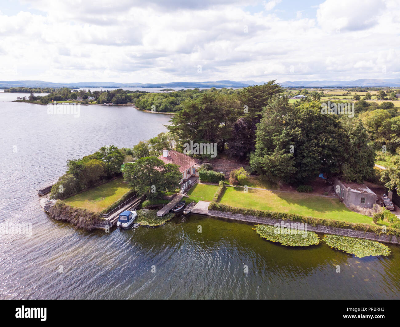 An aerial view of a house on the banks of Lough Corrib, near Annaghkeen