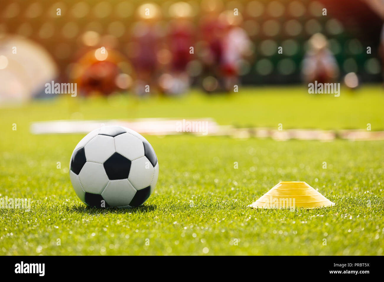 Football Soccer Training Equpment on Practice Session. Soccer Equipment on Soccer Pitch. Coach