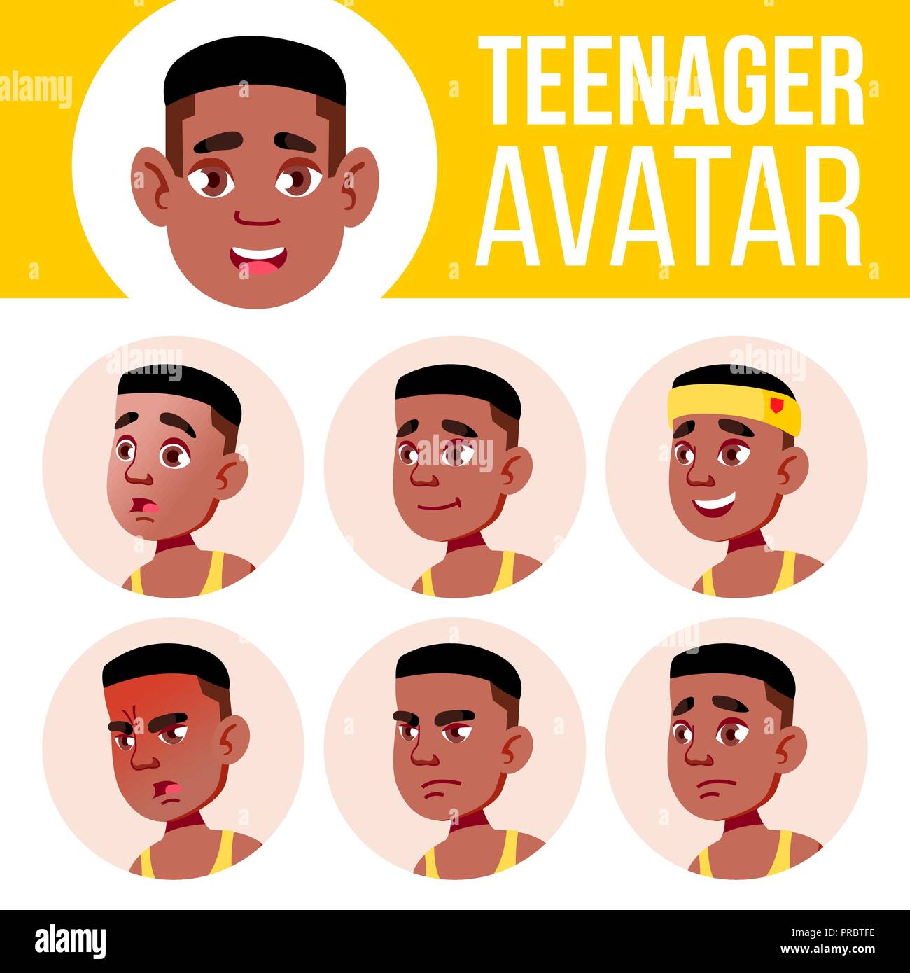 Teen Boy Avatar Set Vector. Black. Afro American. Face Emotions. High ...
