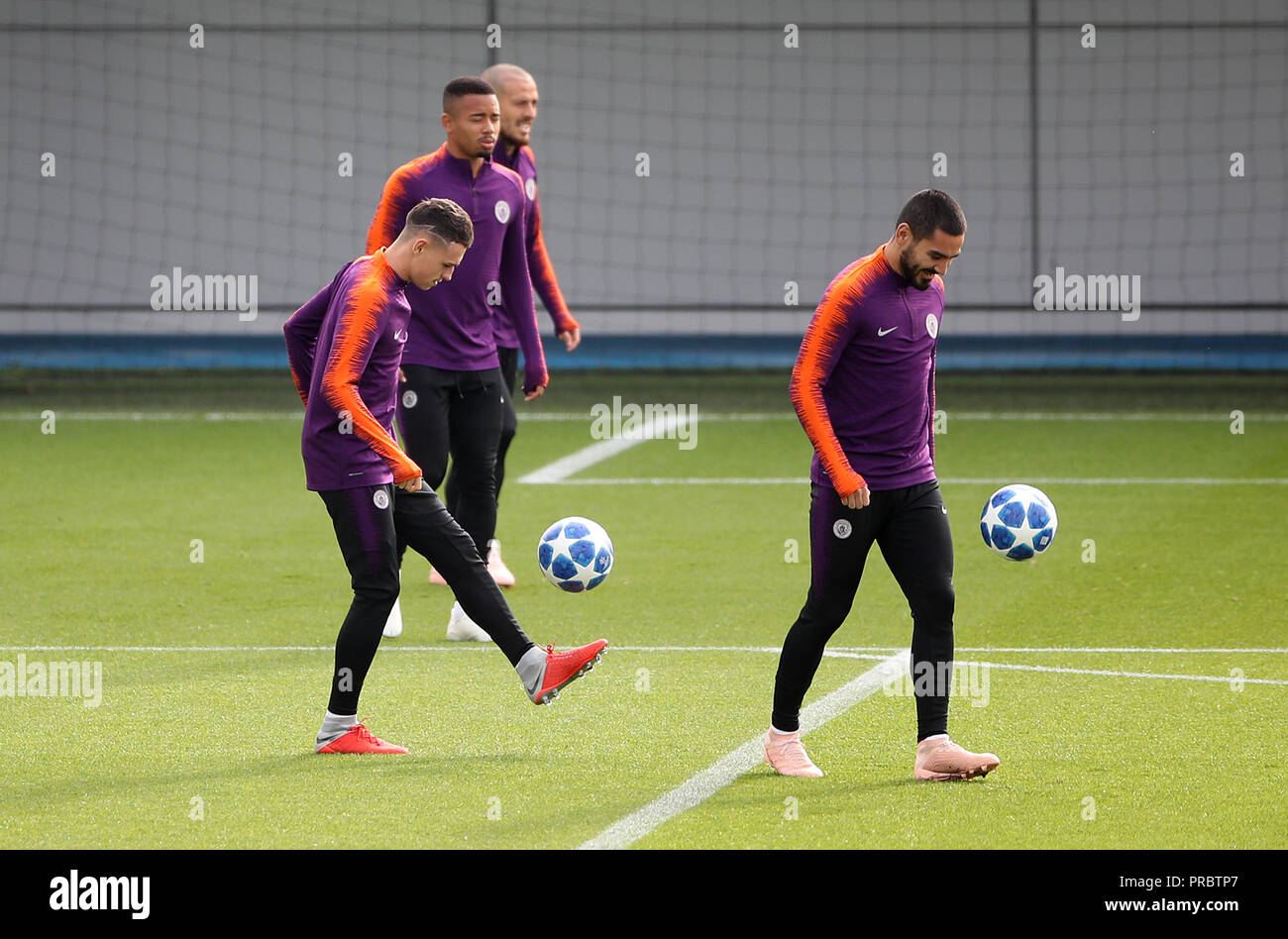 Manchester City's Phil Foden (left) and Ilkay Gundogan during a training session at the City Football Academy, Manchester. Stock Photo