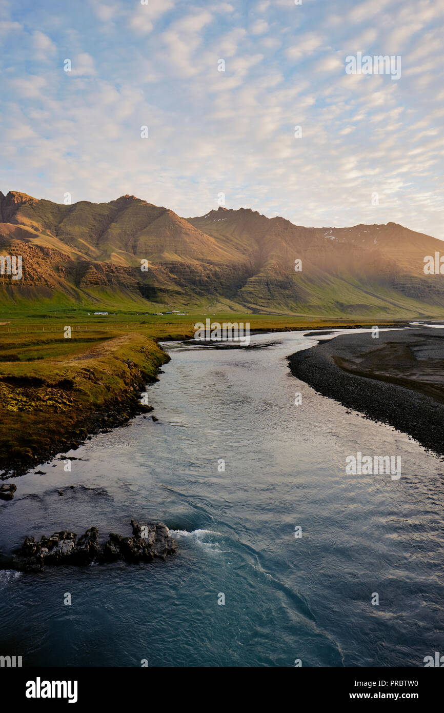 A glacial river flowing in the south east landscape of Iceland. Stock Photo