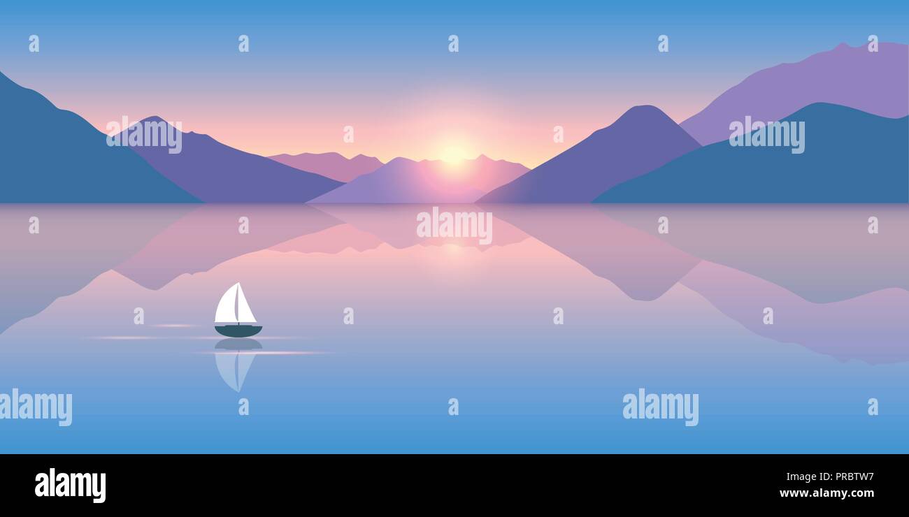lonely sailboat on a calm sea with a beautiful mountain view at sunrise vector illustration EPS10 Stock Vector