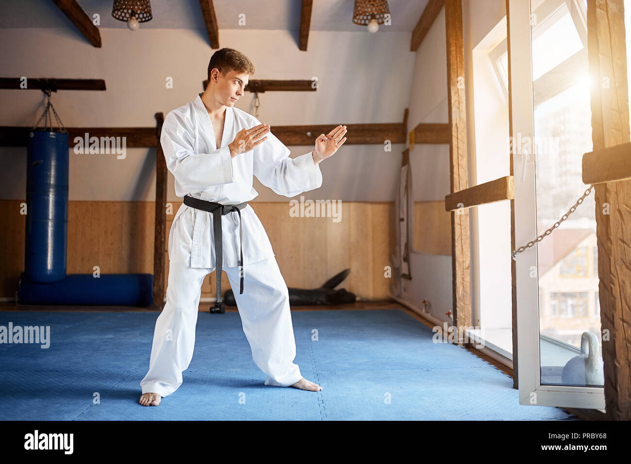 Karate Fighter practises fight in martial arts gym Stock Photo Alamy