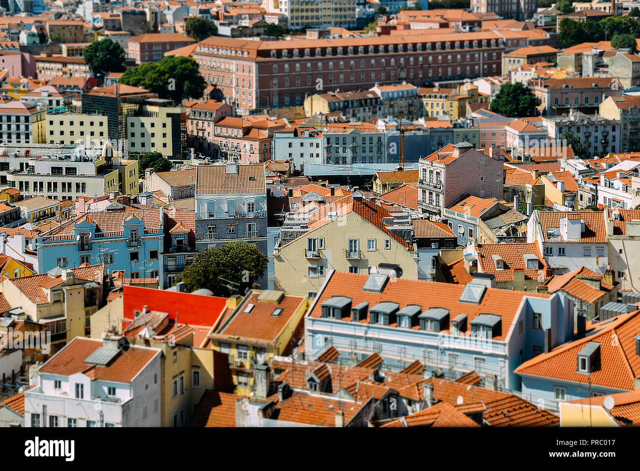 Views of terracotta rooftops of Lisbon, Portugal - tilt shift effect Stock Photo