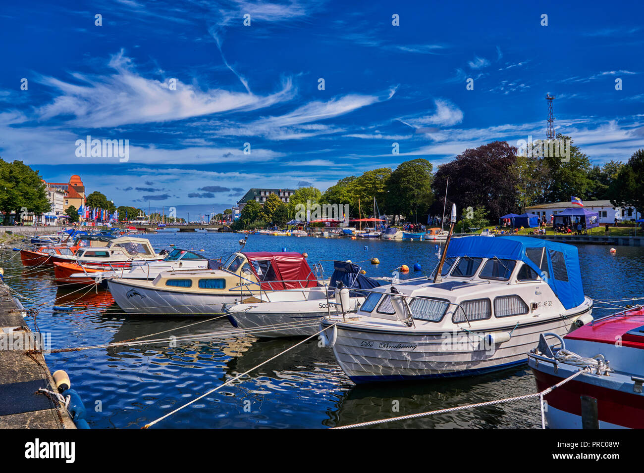 Powerboats moored in the harbor in Mecklenburg-Vorpommern on the Baltic Sea. Germany Stock Photo