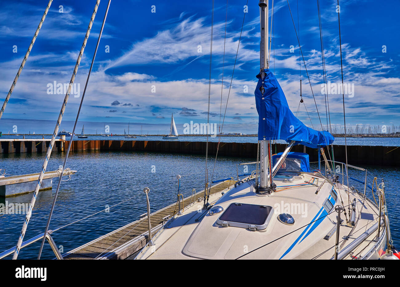 Teak deck of cruising sailing boat on anchor Stock Photo Alamy