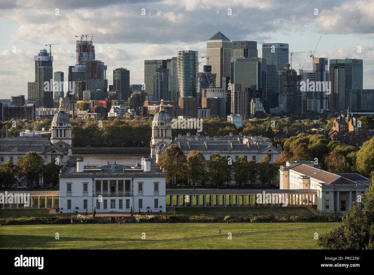 London Panorama from Greenwich Park, England UK. 22 September 2018 20th and 21st cntury Canary Wharf city finacial complex on the Isle of Dogs in Towe Stock Photo