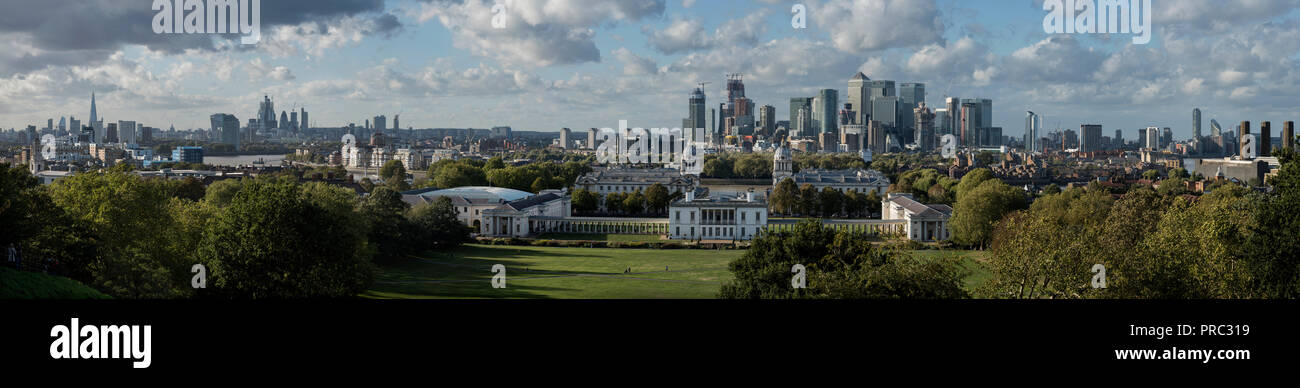 London Panorama from Greenwich Park, England UK. 22 September 2018 20th and 21st cntury Canary Wharf city finacial complex on the Isle of Dogs in Towe Stock Photo