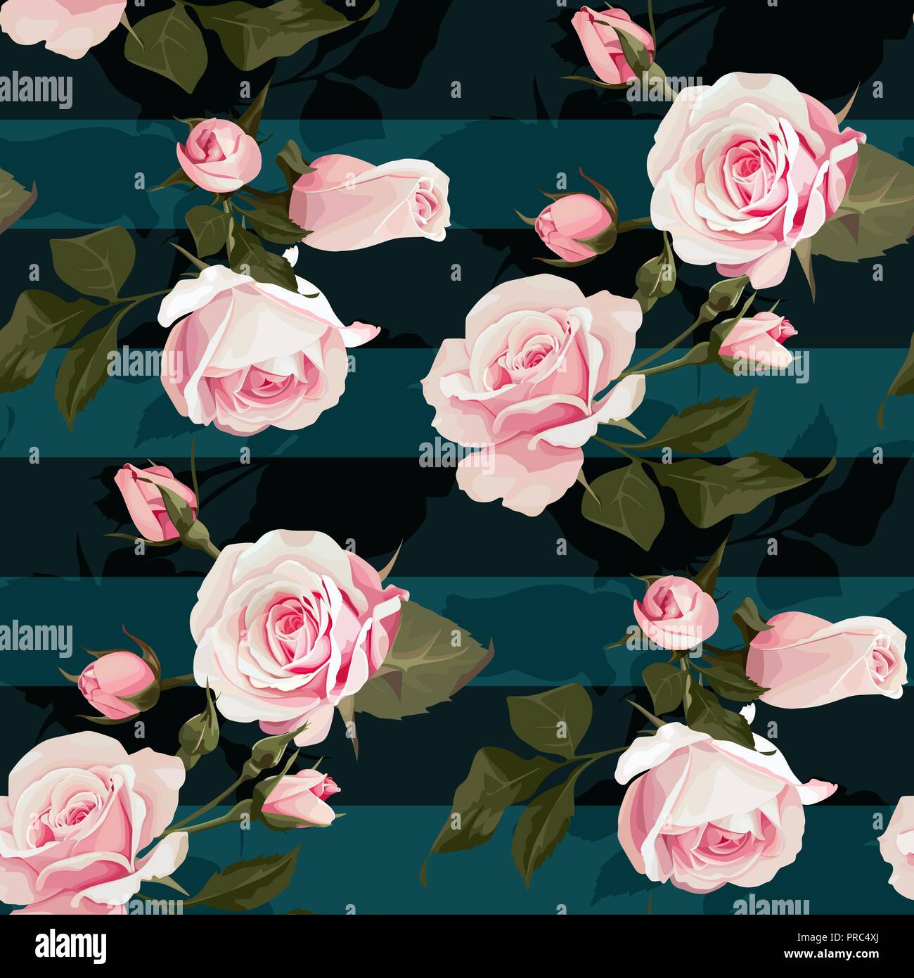 Pink roses vector seamles pattern. Realistic flowers on stripes background, floral texture Stock Vector