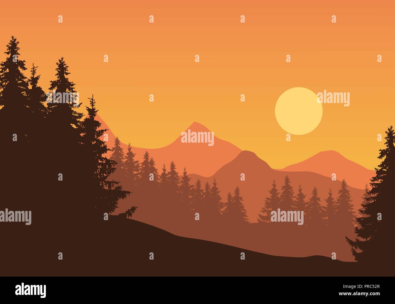 Realistic illustration of mountain landscape with coniferous forest and ...