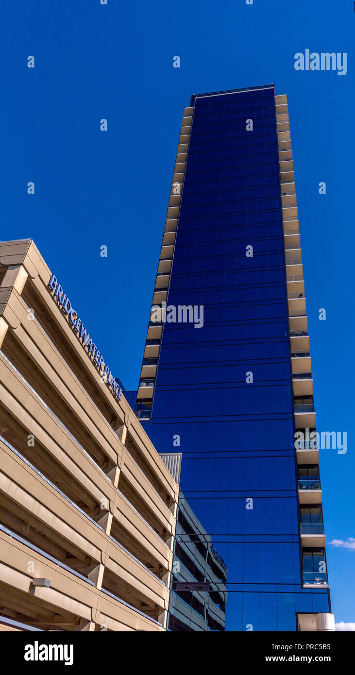 Clear blue sky reflected in mirrored walls of Bridgewater Place, Grand Rapids, Michigan. Stock Photo