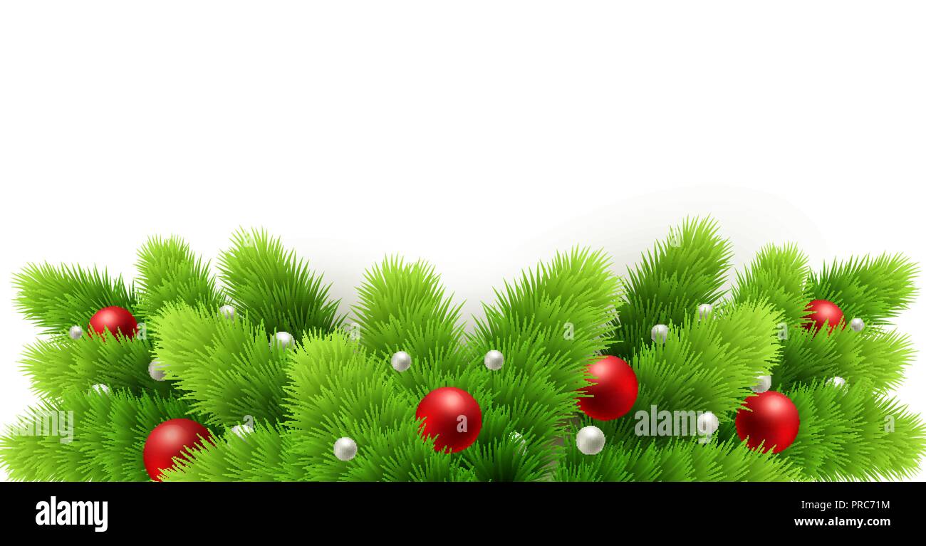 Winter holiday background. Border with Christmas tree branches isolated on white. Stock Vector