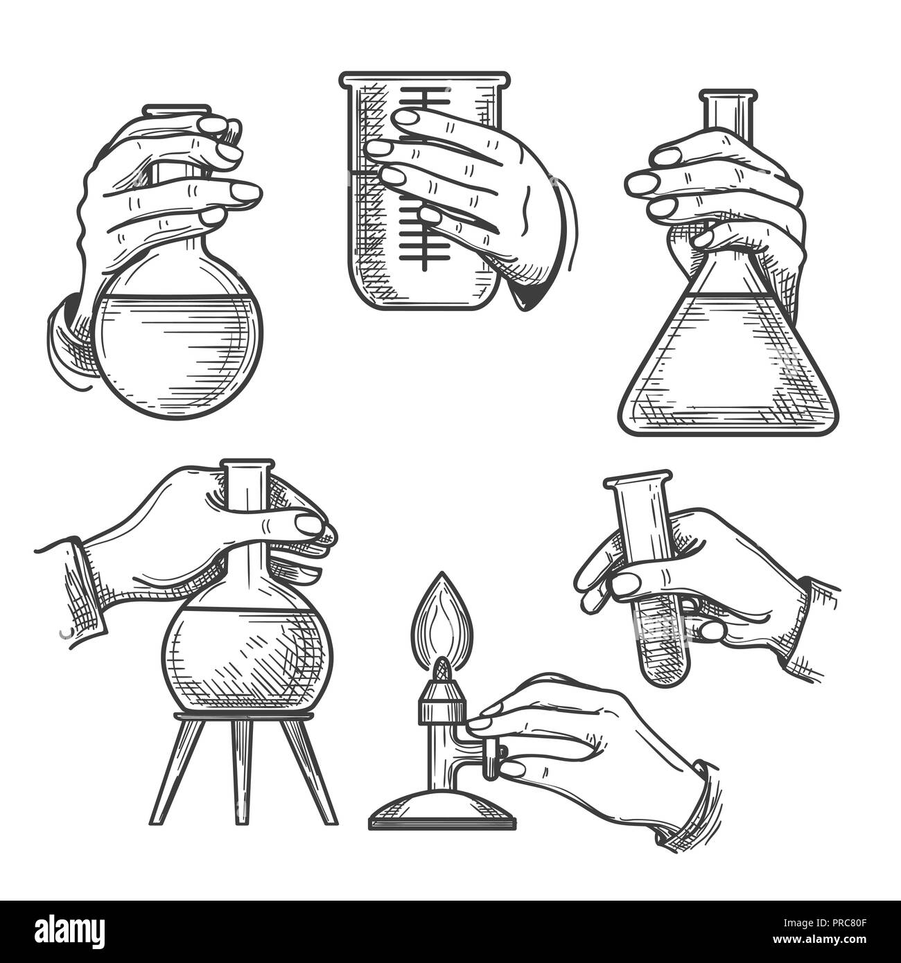 Retro chemical experiments. Vintage science laboratory beakers and burners, old sketch hands of chemist in handdrawn style, vector illustration Stock Vector