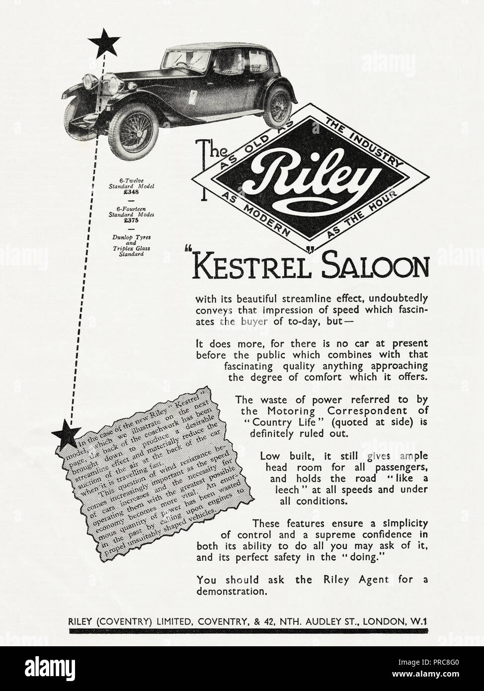 1930s old vintage original advert advertising Kestrel Saloon new car by