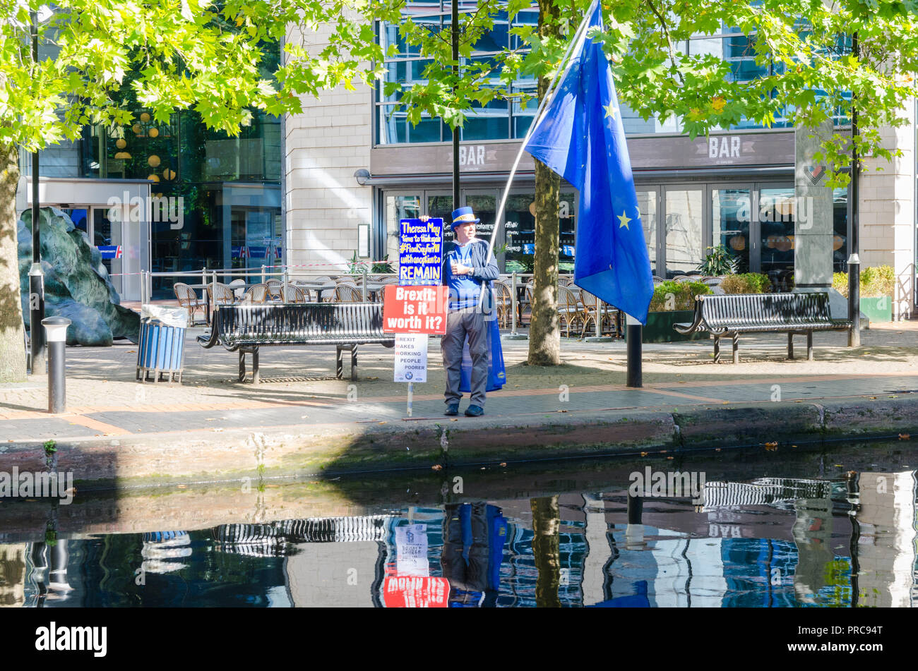 Pro EU and anti Brexit demonstrator outside the International Convention Centre in Birmingham on the eve of the Conservative Party Conference 2018 Stock Photo