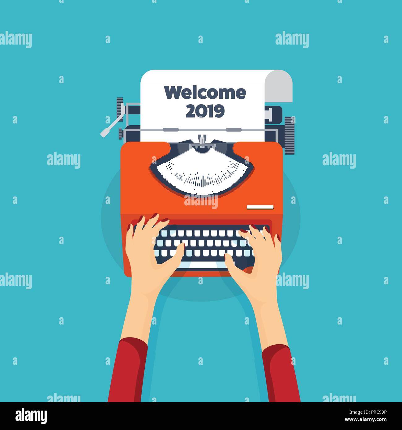 Typewriter in a flat style. Christmas wish list. Letter to Santa. New year. 2019. December holidays. Stock Vector