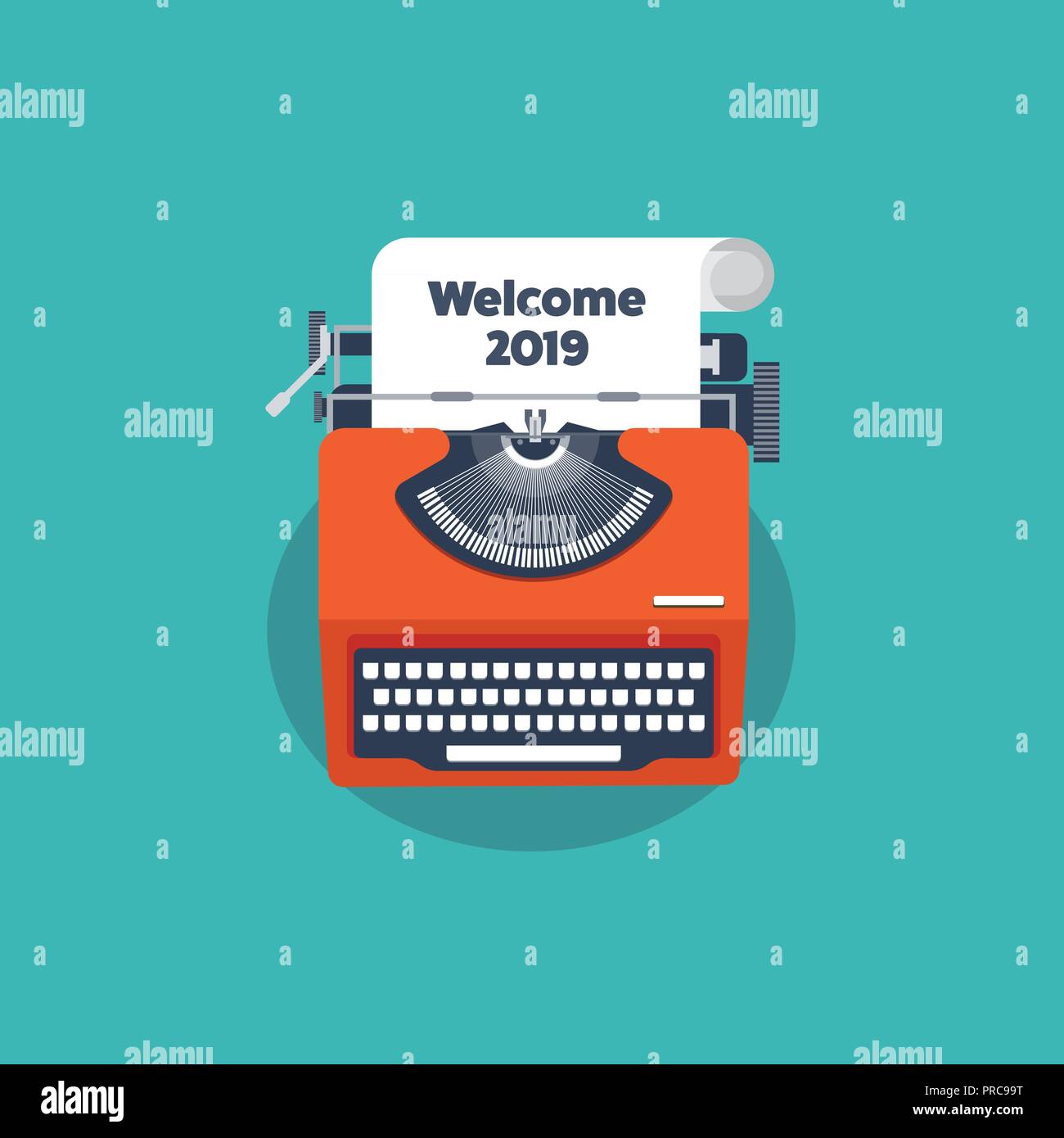 Typewriter in a flat style. Christmas wish list. Letter to Santa. New year. 2019. December holidays. Stock Vector