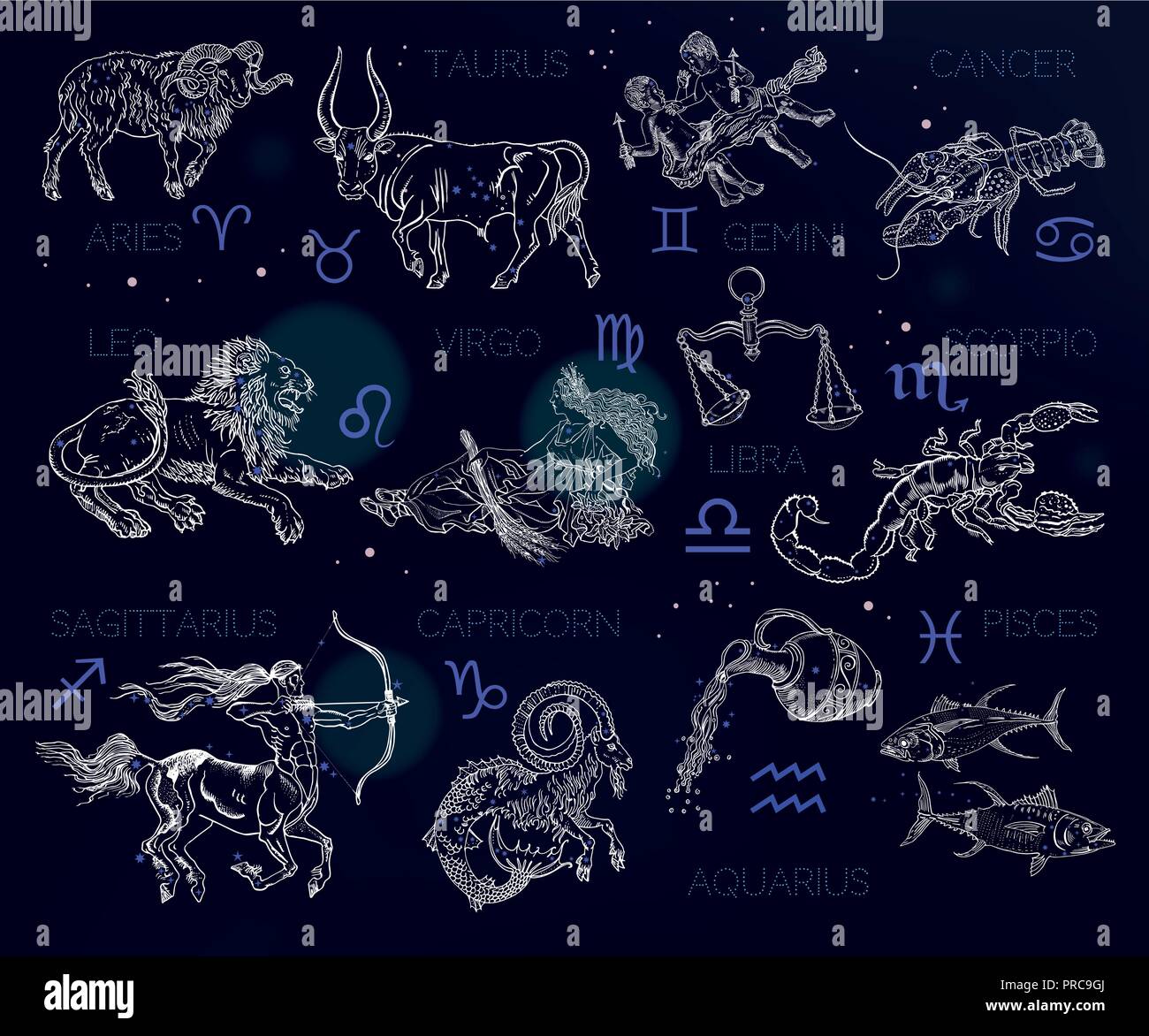 Constellations, zodiac signs, horoscope. Aries, Taurus, Gemini, Cancer, Leo, Virgo, Libra, Scorpio, Sagittarius, Capricorn, Aquarius, Pisces. Vintage engraving style symbols on a space background. Stock Vector
