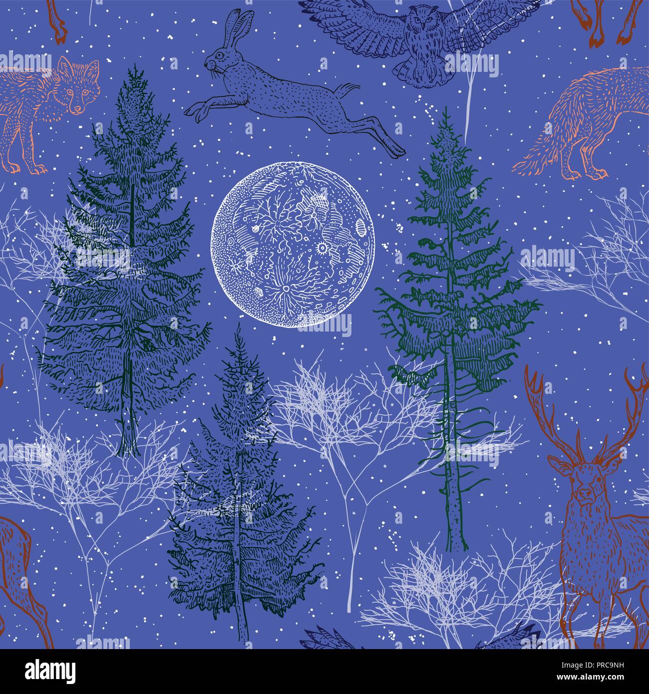 Winter forest seamless pattern. Full moon, spruce, fir tree, fox, hare, deer, owl, snow flakes on a blue background. Vintage engraving style vector illustration. Christmas, New Year holidays, nature. Stock Vector