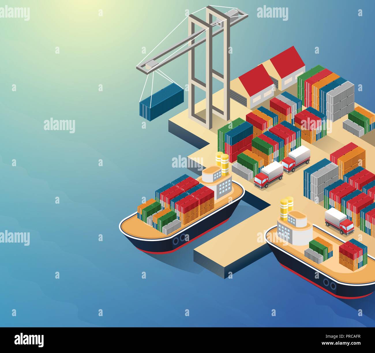 Aerial view of harbor waterfront and maritime terminal with container ship loading isometric poster abstract vector illustration Stock Vector