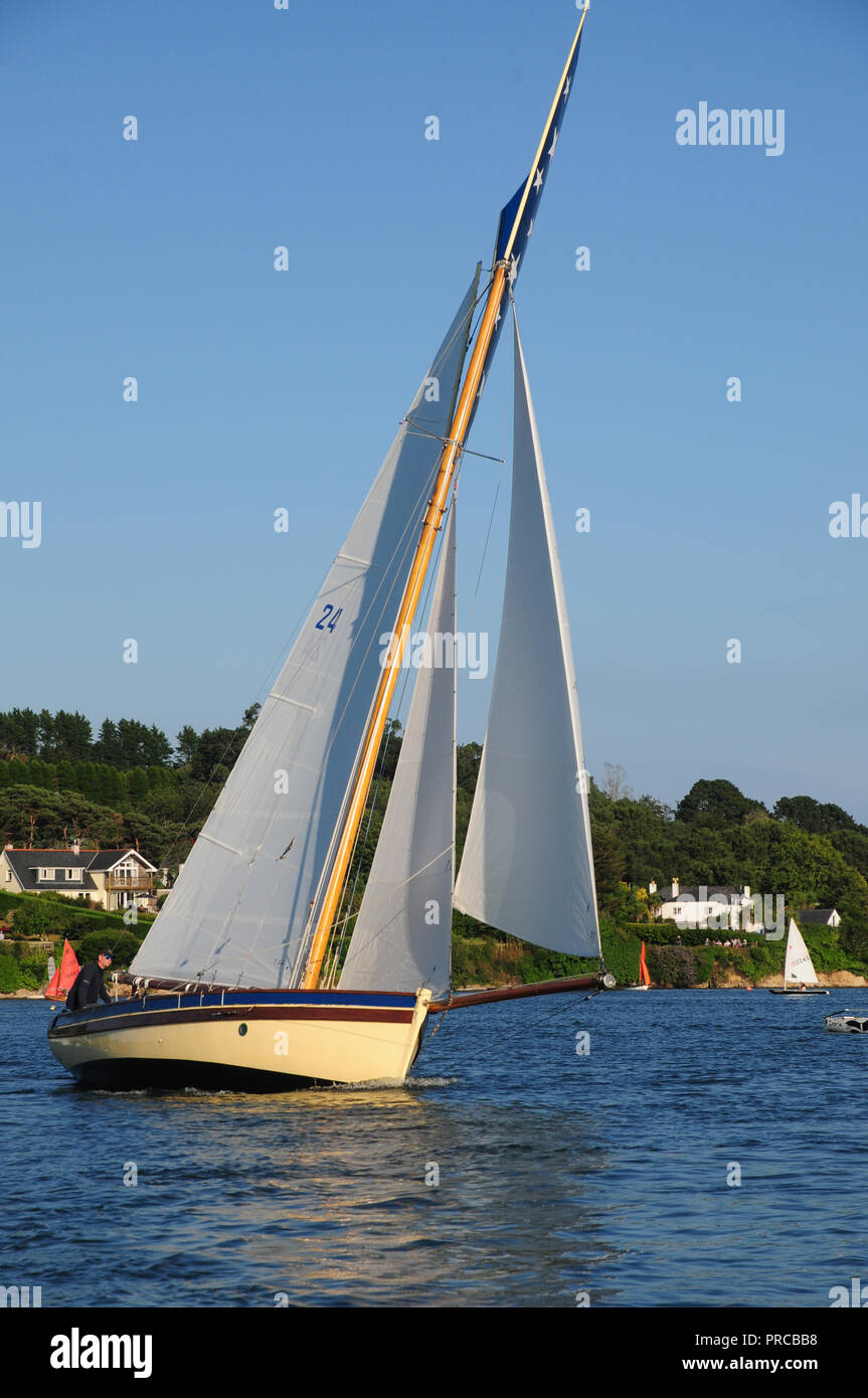 Traditional Falmouth working boat under sail in the Fal estuary Stock