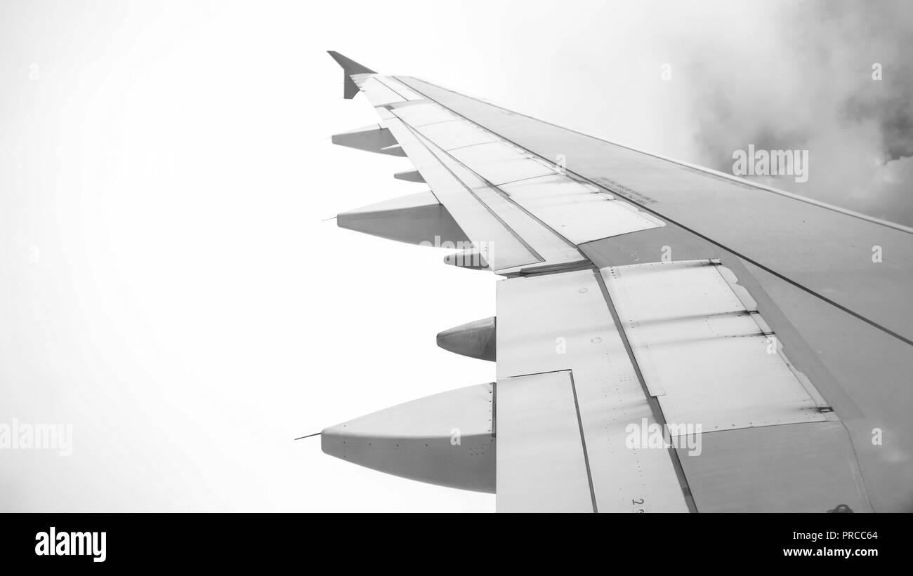 Black and white photo of airplane flying through clods Stock Photo