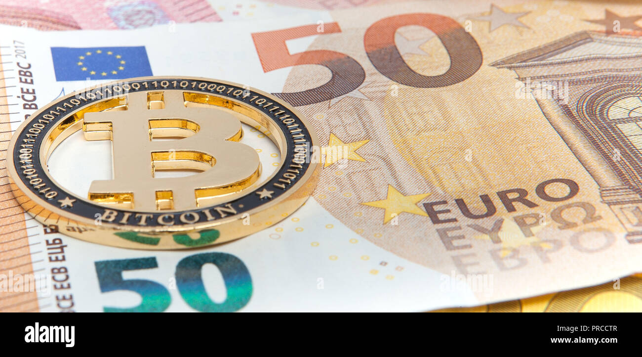 New Golden bitcoin on fifty euro banknotes background. Bitcoin crypto  currency, Blockchain technology, digital money, Mining concept, bitcoin on  50 eu Stock Photo - Alamy