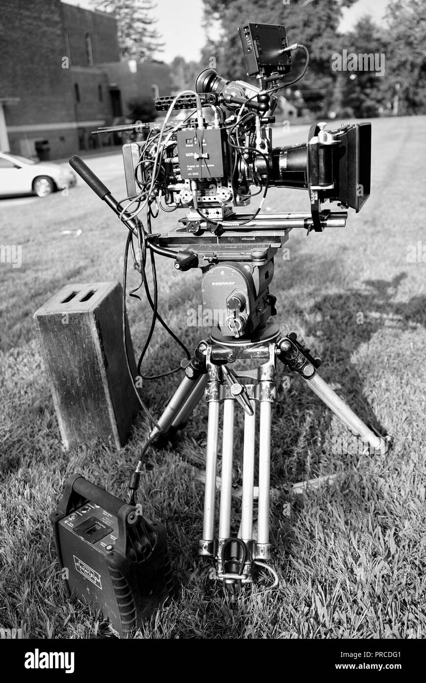New York, NY; Aug 2018: An Arri Alexa Mini set up on a film set in black and white Stock Photo