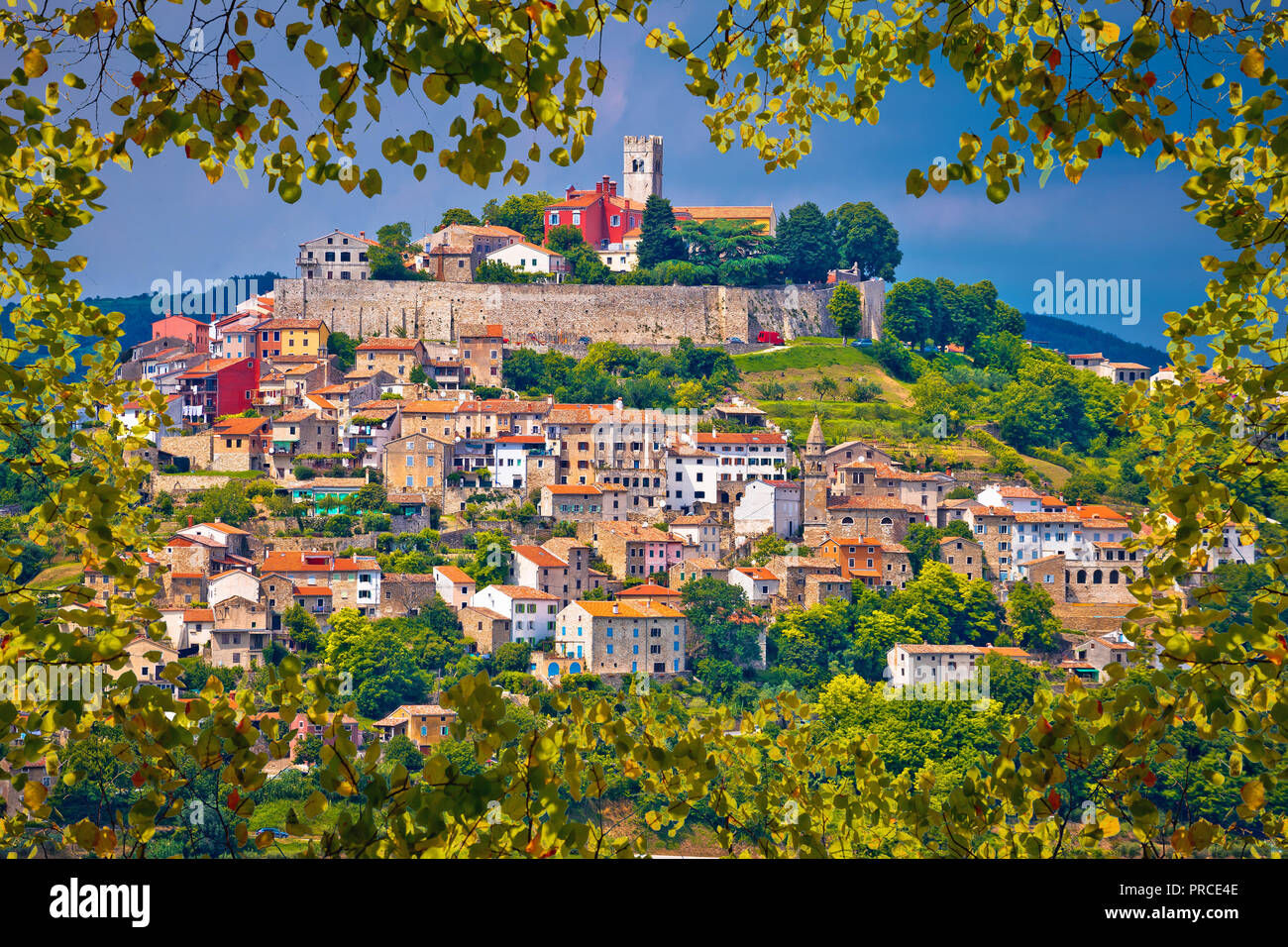Town of Motovun on picturesque hill view through leaf frame, Istria, Croatia Stock Photo