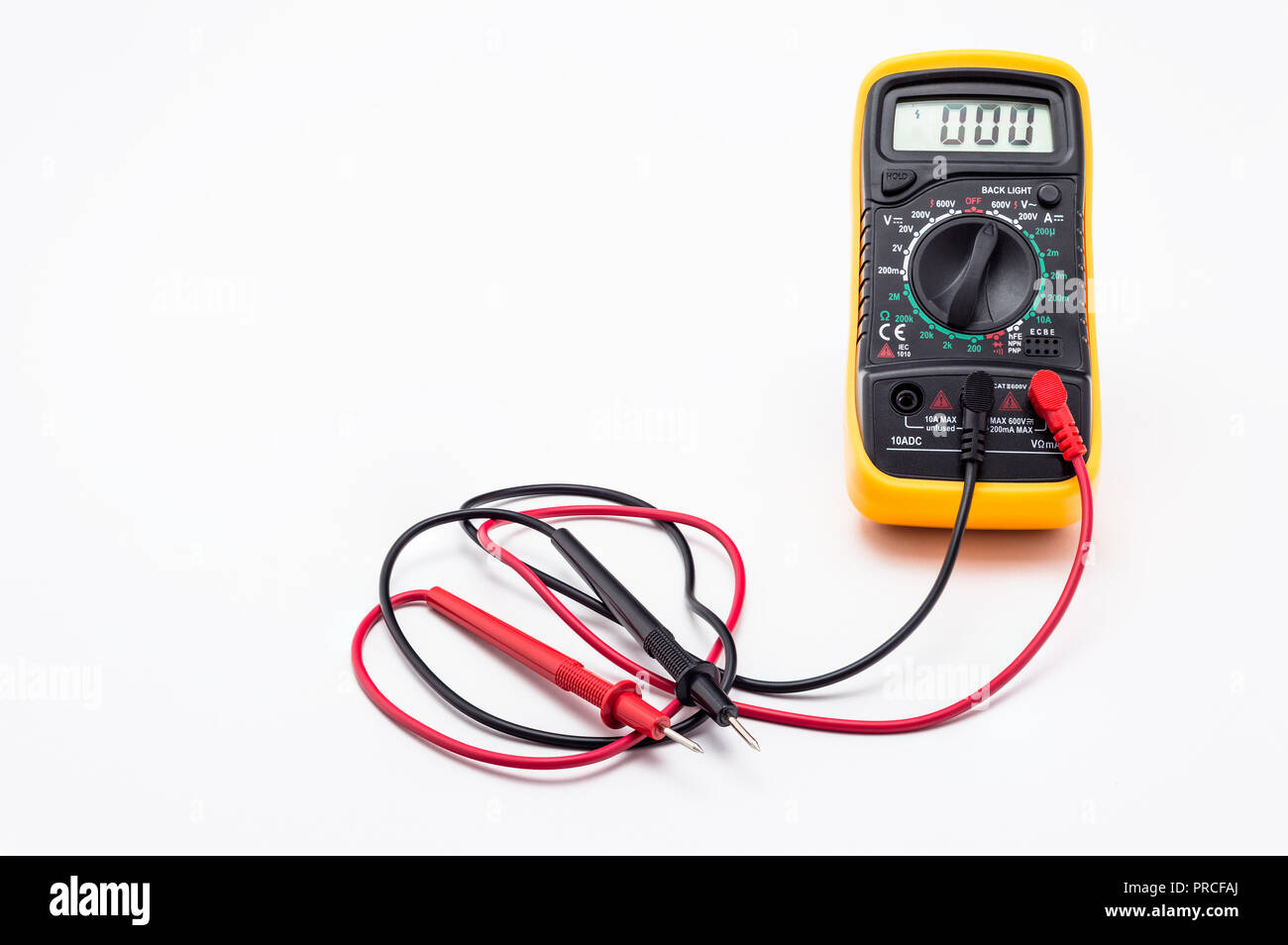 Electric multimeter with red and black probe, display indicating