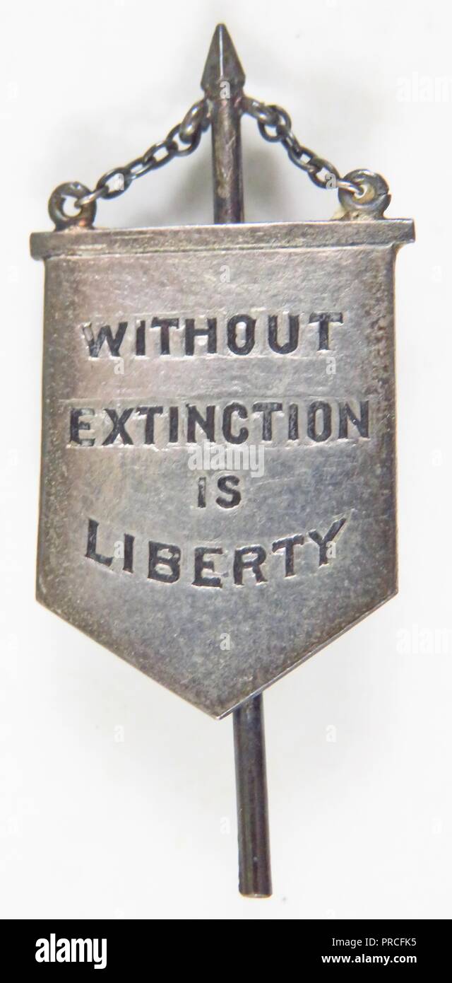 Sterling silver suffrage pin, in the shape of a banner, with the text 'Without Extinction is Liberty, manufactured by the National Woman's Party and presented to the Silent Sentinels,  a group of suffragists who silently picketed the White House for two years (1917 - 1919) during President Woodrow Wilson's Presidency, 1918. Photography by Emilia van Beugen. () Stock Photo