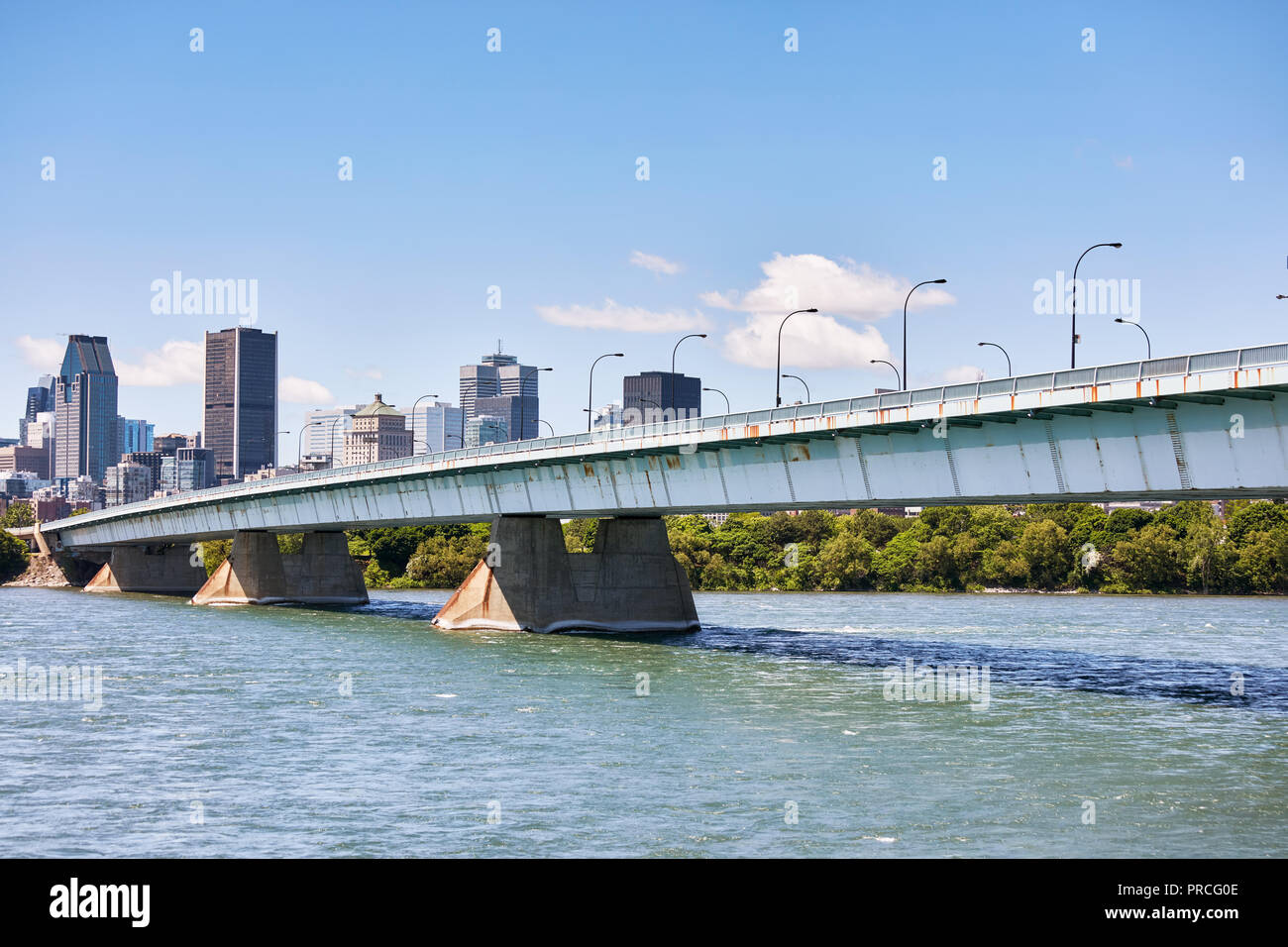 Montreal, Canada - June 2018: Pont de la concorde bridge on saint lawrence river in Montreal, Quebec, Canada. Stock Photo