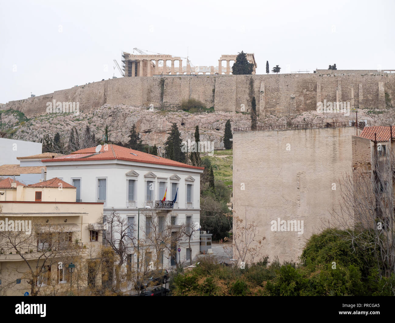 View of Athens buildings and Acropolis hill with the temple of ...