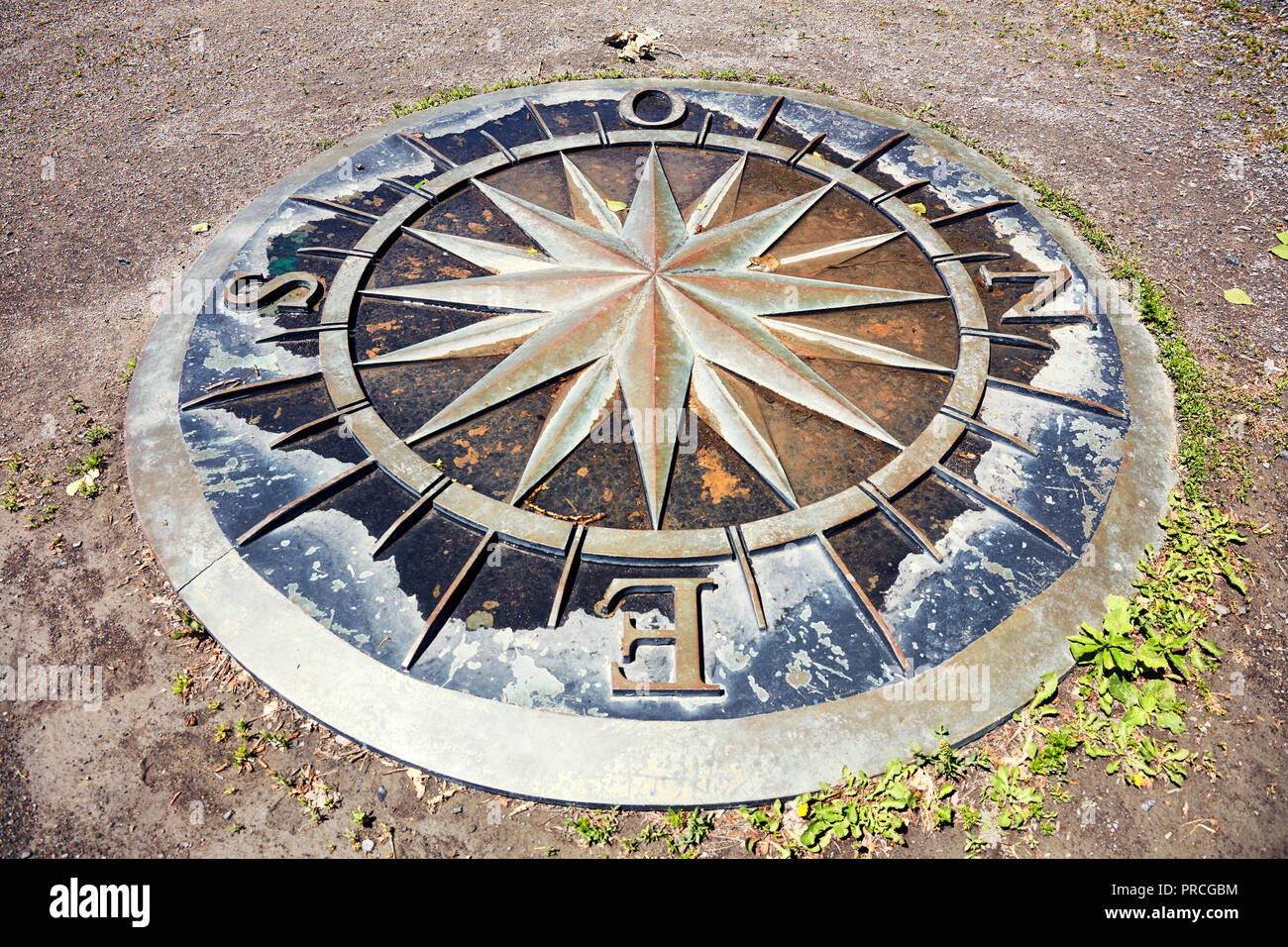 Wind Rose compass on St. Helen Island. Rose des Vents sur l'Île Sainte-Hélène. Editorial use. Stock Photo