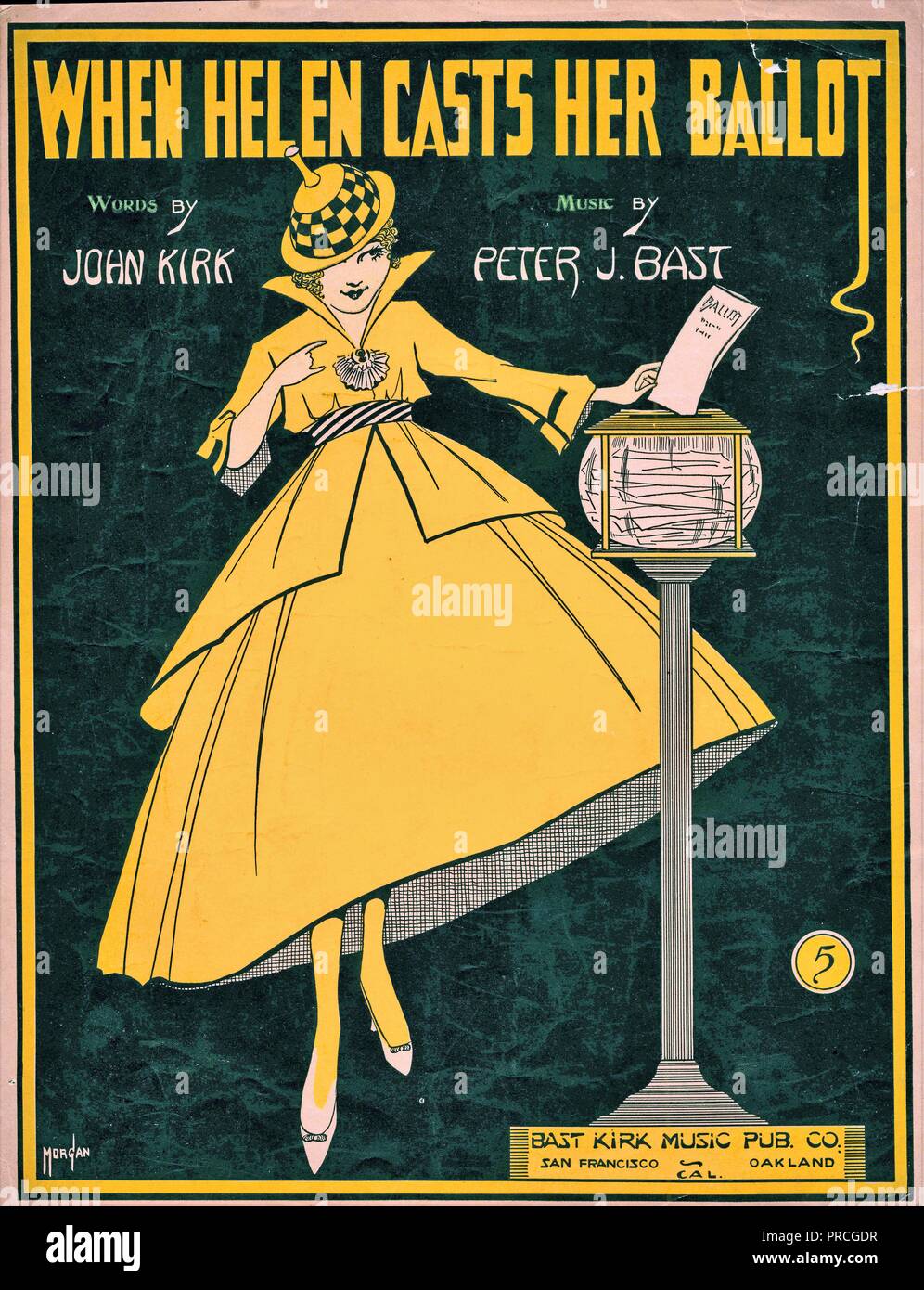 Sheet music cover for John Kirk and Peter J Bast's pro-suffrage song,'When Helen Casts her Ballot,' with an image of a young, attractive woman, wearing a fashionable, yellow dress and hat, placing her voting slip in a ballot box, published in San Francisco and Oakland, California, by Bast Music Publishing Company, for the American market, 1916. () Stock Photo
