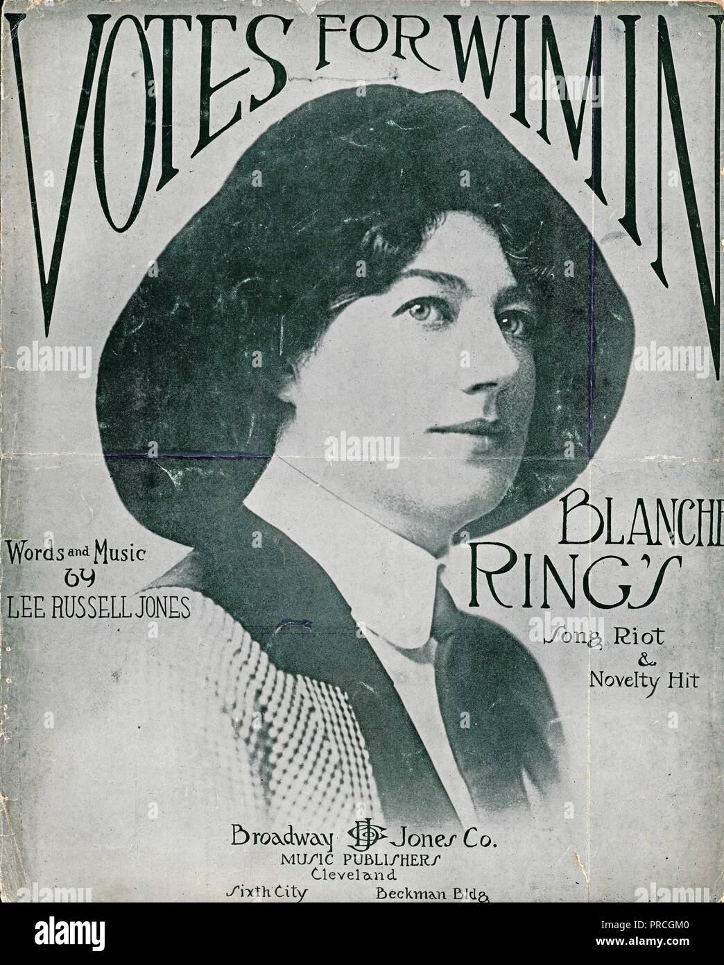 Sheet music cover for Lee Russell Jones' satiric, suffrage-era song,'Votes for Wimmen,' with a portrait, in three-quarter profile view, of a young woman, wearing a peak-front Edwardian hat, a checked jacket, and a tie, published in Cleveland, Ohio, by Broadway Jones Company Music Publishers, for the American market, 1900. () Stock Photo