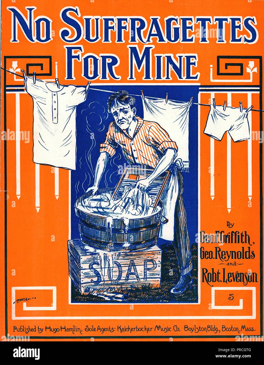Sheet music cover for the anti-suffrage song 'No Suffragettes For Mine,' with blue text, an orange background, and an image of a man, unhappily laboring over a washing tub, published in Boston, Massachusetts by Hugo Hamlin, and sold by Knickerbocker Music company, for the American market, 1905. () Stock Photo