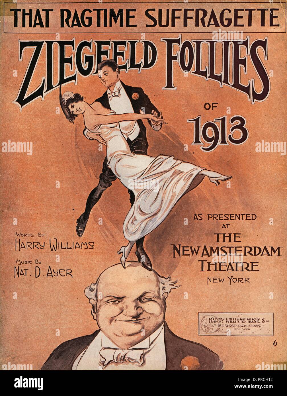 Sheet music cover for Harry Williams and Nat D Ayer's song 'That Ragtime Suffragette,' with an illustration of a young man and woman, each wearing formal clothing, dancing on the head of a mature man wearing a formal jacket and bowtie, produced by the Ziegfeld Follies, and published in New York, by the Harry Williams Music Company, for the American market, 1913. () Stock Photo