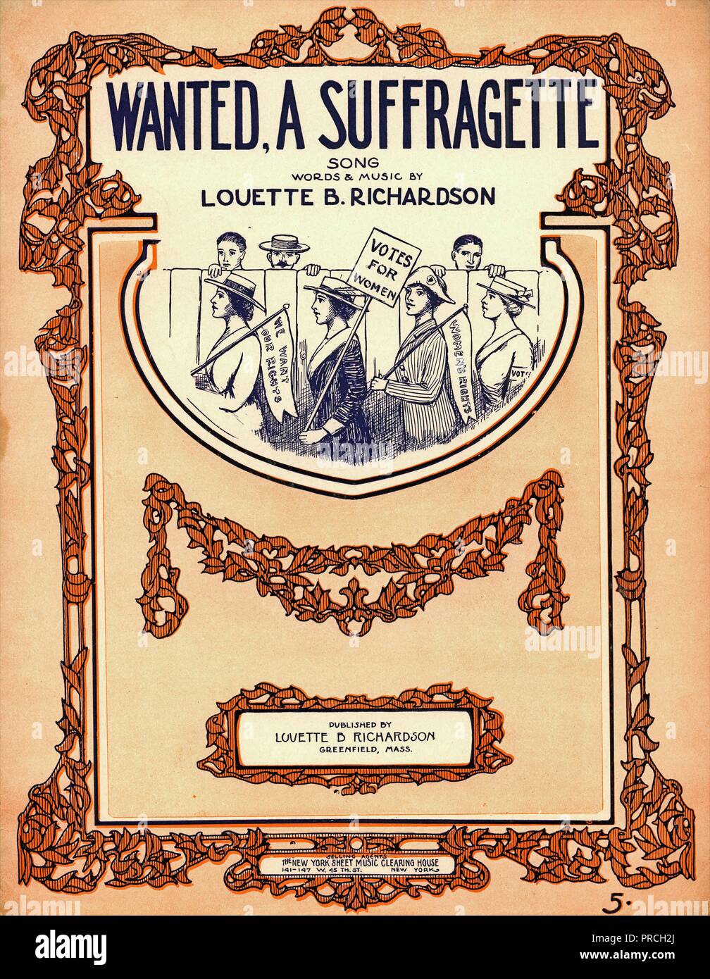 Sheet music cover for Louette B Richardson's 'Wanted, A Suffragette,' with an illustration of men peering over a fence at female suffragists who are demonstrating with signs, one with the text 'Votes For Women,' published in Greenfield, Massachusetts, by Louette B Richardson, for the American market, 1900. () Stock Photo