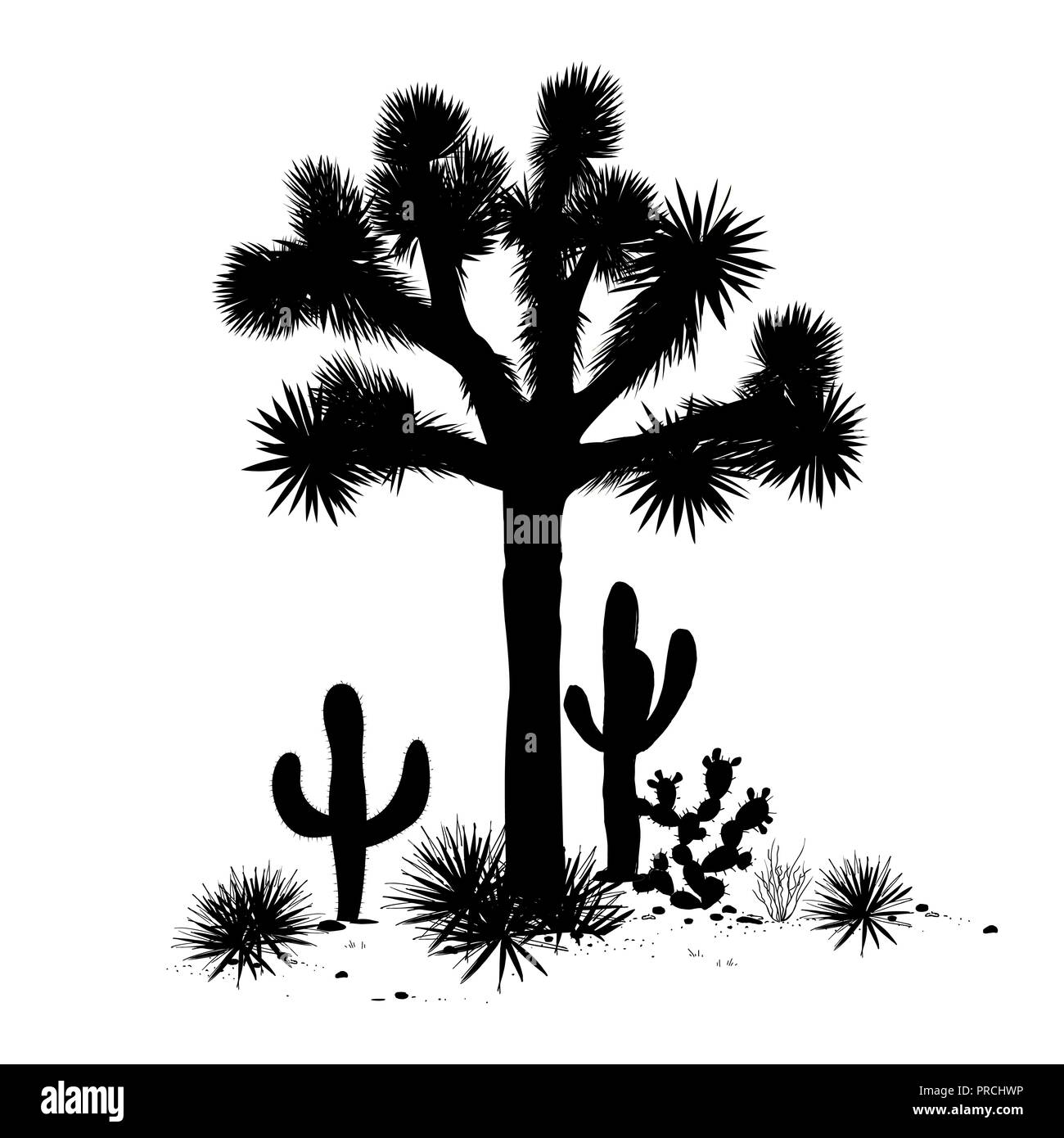 Outline landscape with Joshua tree, agaves, and prickly pear silhouettes. Vector illustration. Stock Vector